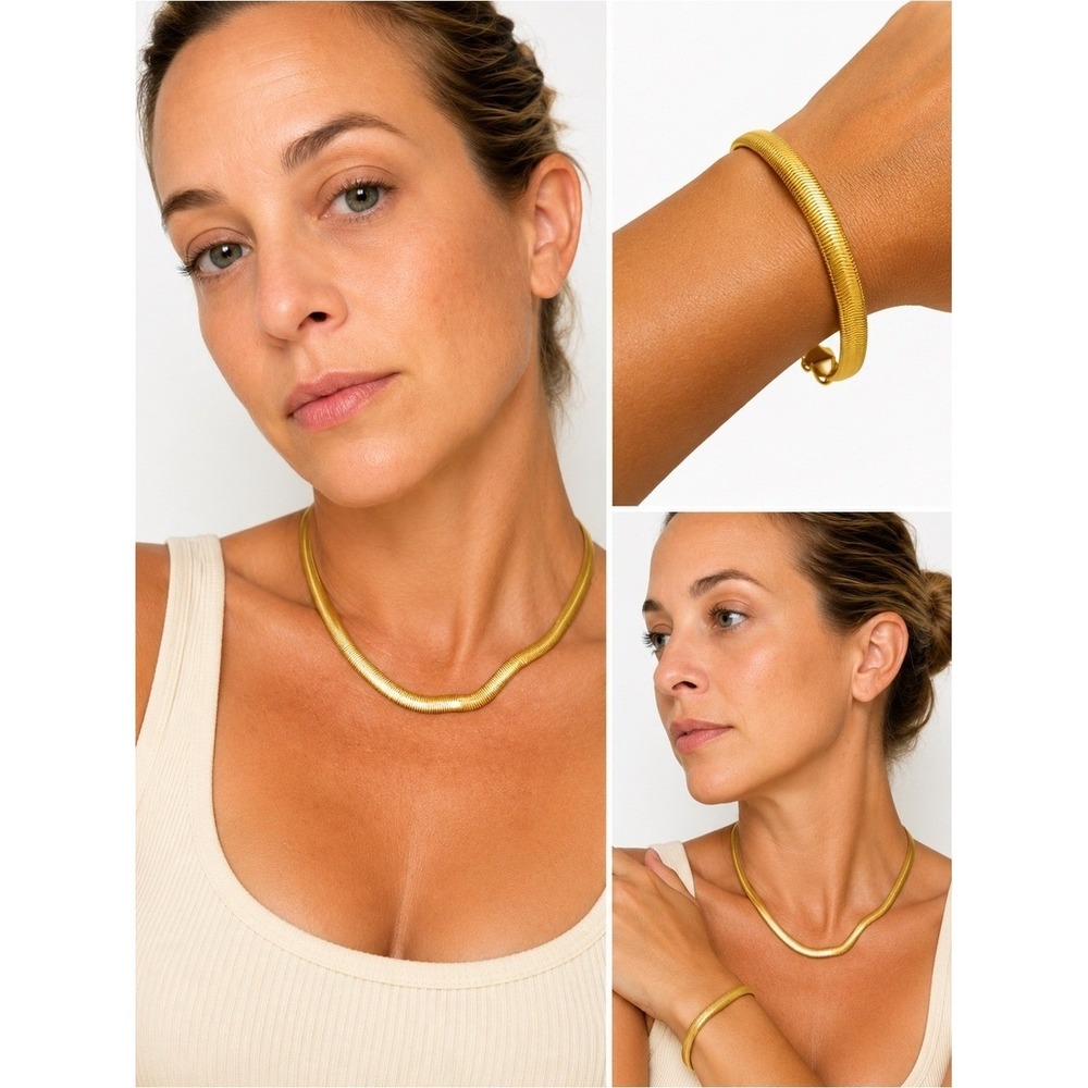 New Gold Tone Snake Chain‎ Necklace & Bracelet Set Modern Minimalist